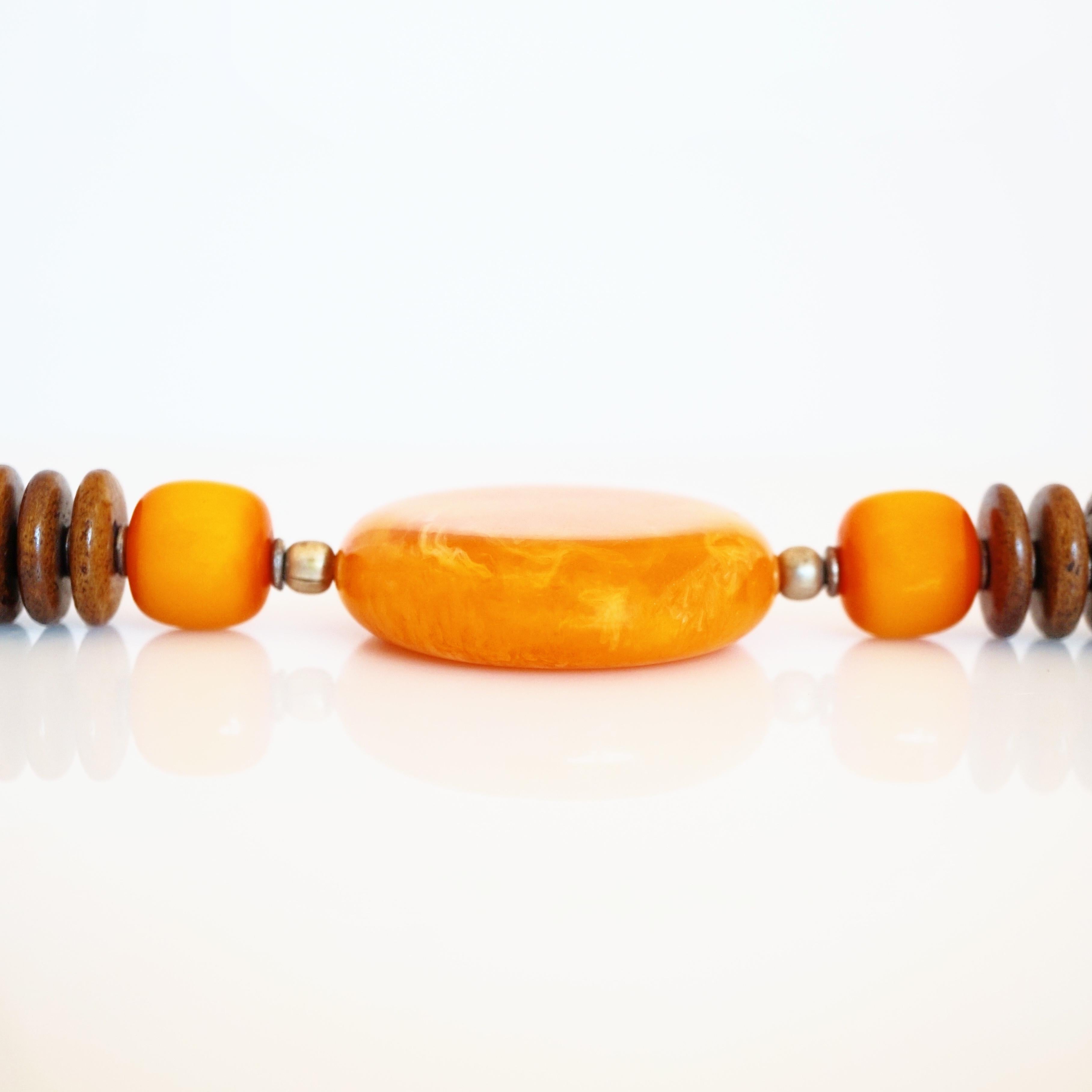Modern Butterscotch Bakelite & Wood Disc Beaded Tribal Necklace, 1950s