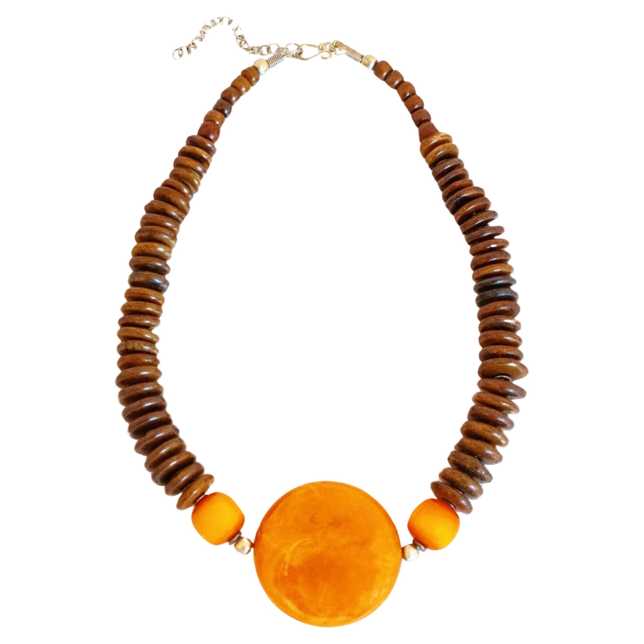Butterscotch Bakelite & Wood Disc Beaded Tribal Necklace, 1950s For Sale