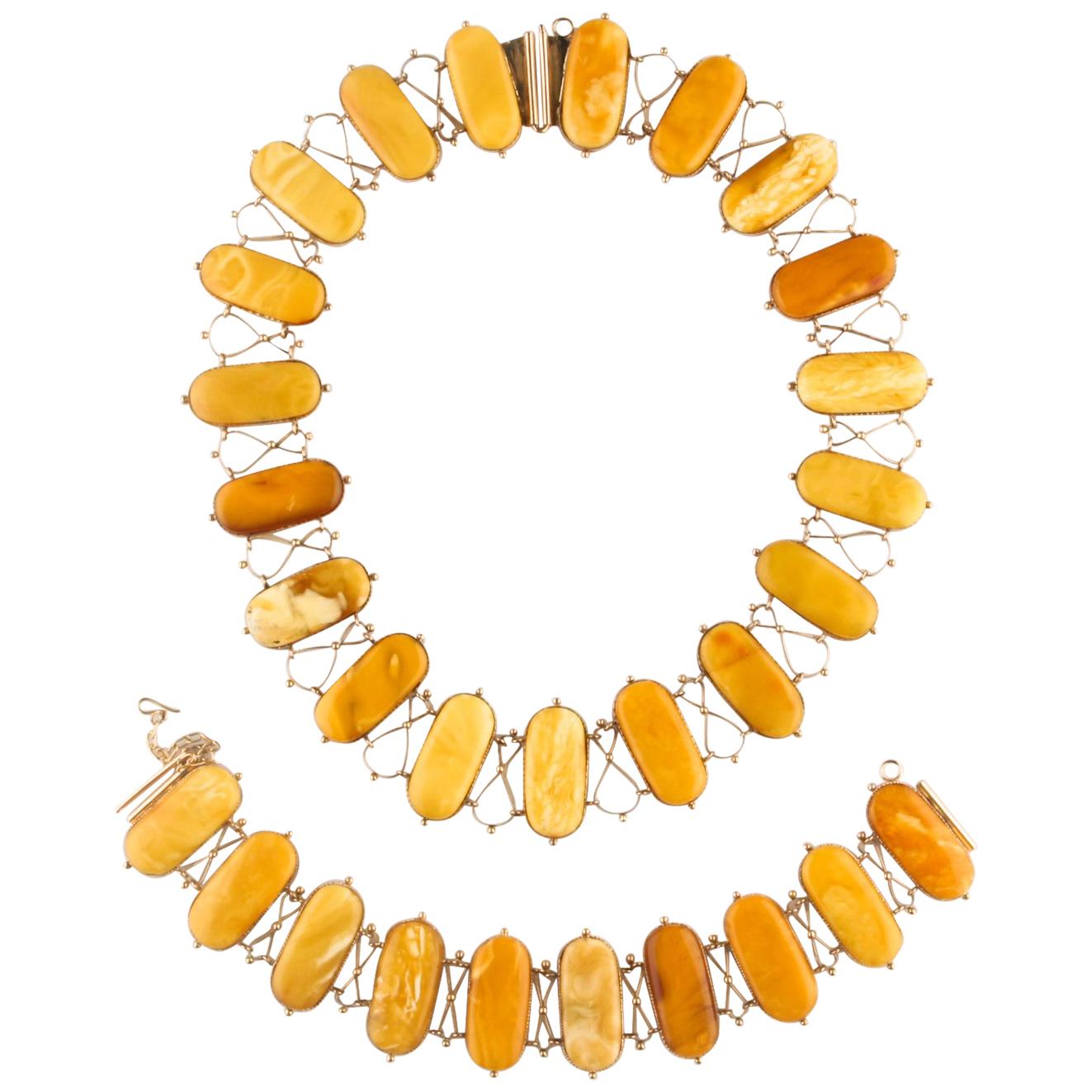 Butterscotch Natural Amber Necklace and Bracelet Set in Yellow Gold
