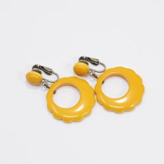 Butterscotch Yellow Bakelite Dangling Clip on Earrings, Silvertone, Early 1900s