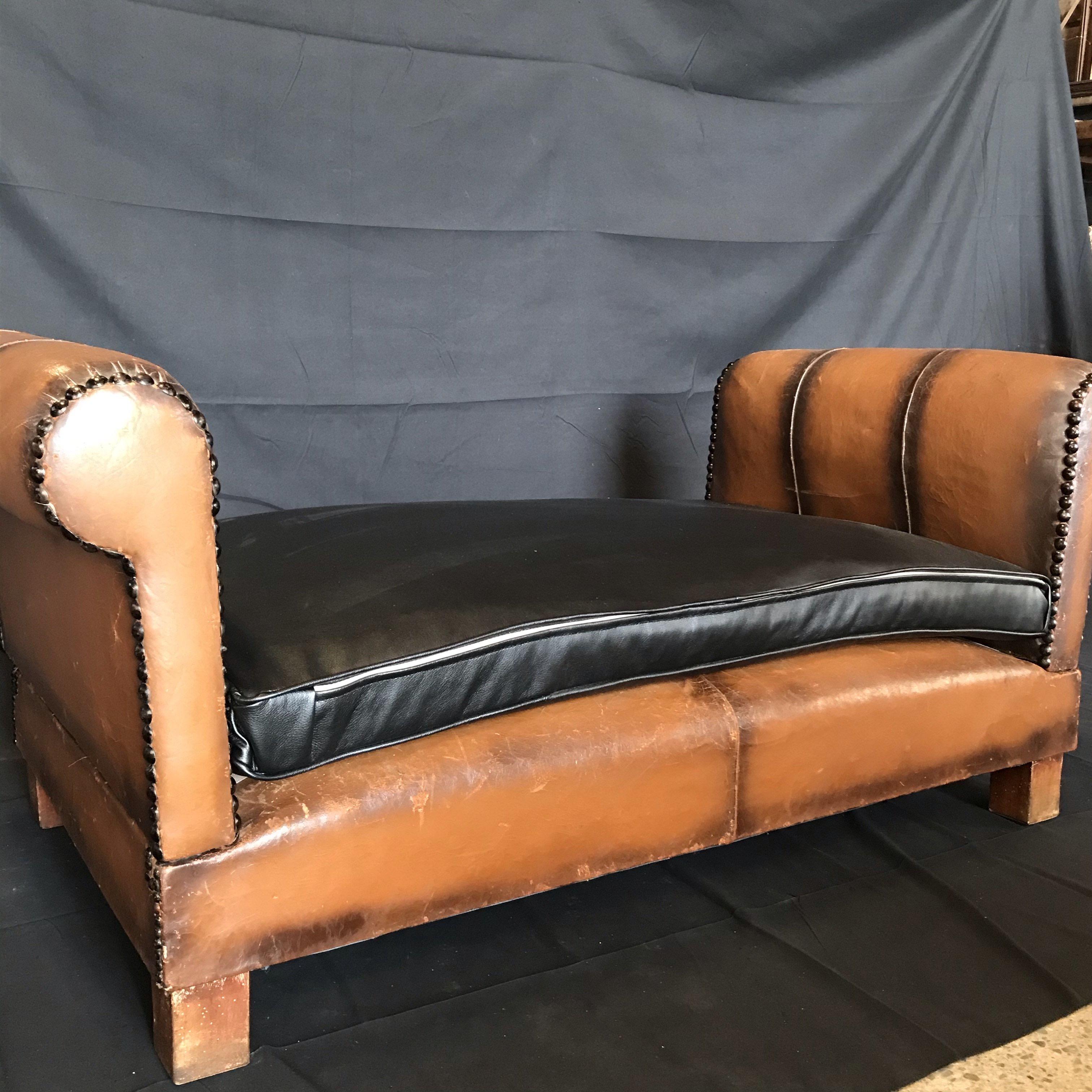 Buttery French Art Deco Leather Convertible Daybed Bench 2