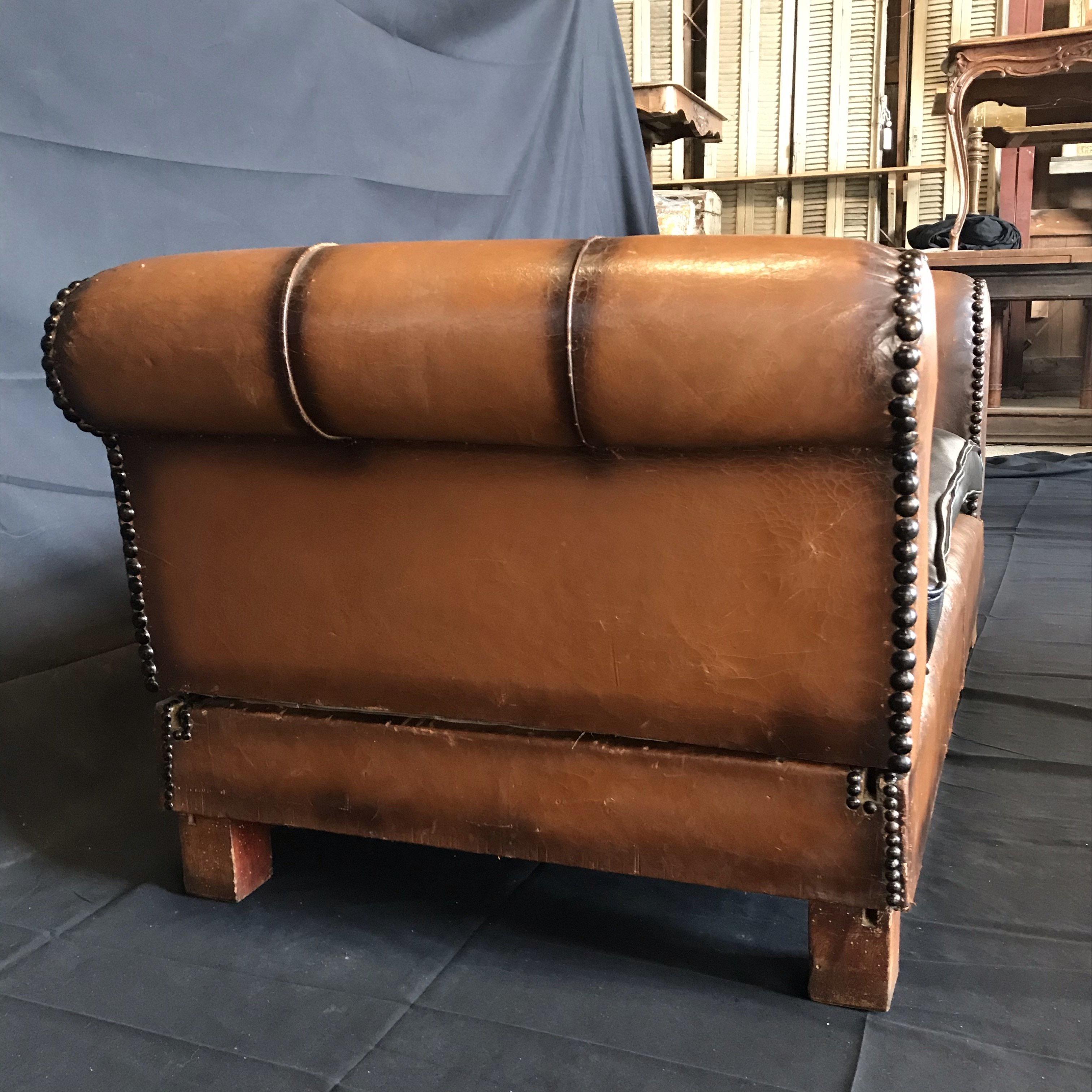 Buttery French Art Deco Leather Convertible Daybed Bench 3