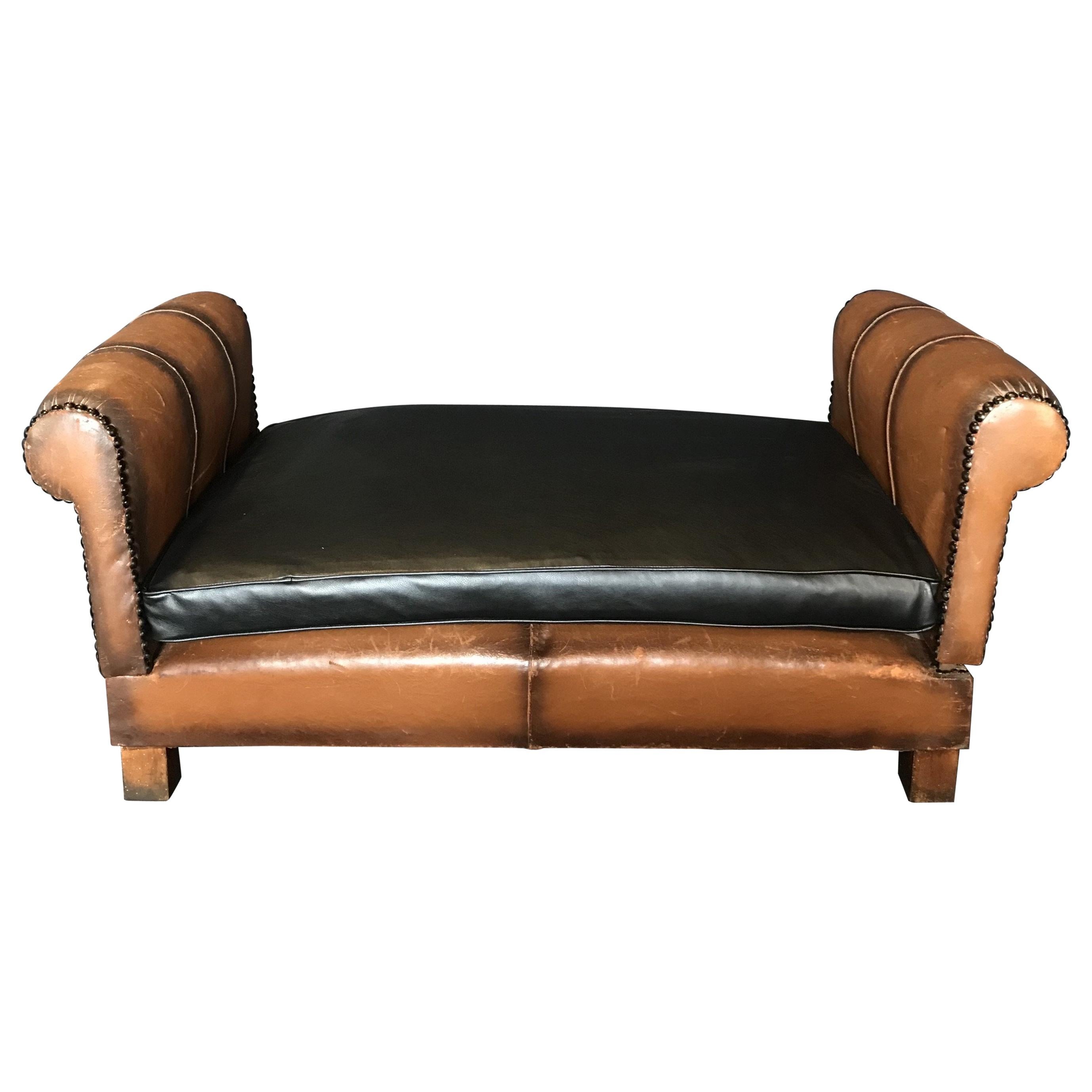 Buttery French Art Deco Leather Convertible Daybed Bench