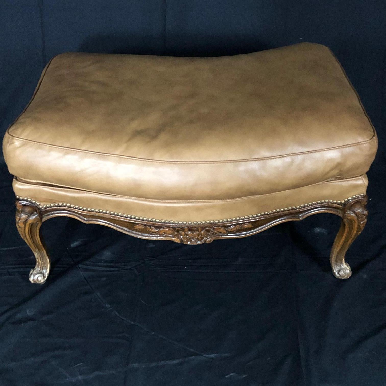 Buttery Leather Italian Louis XV Bergère and Matching Curved Ottoman 6