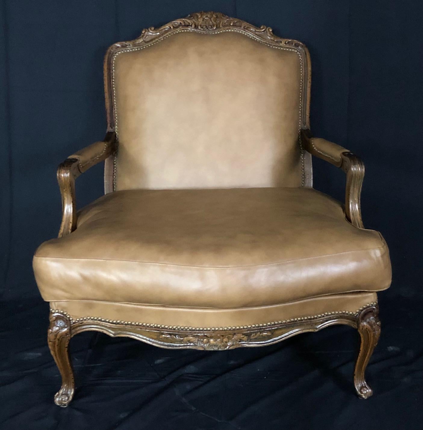 Buttery Leather Italian Louis XV Bergère and Matching Curved Ottoman In Good Condition In Hopewell, NJ