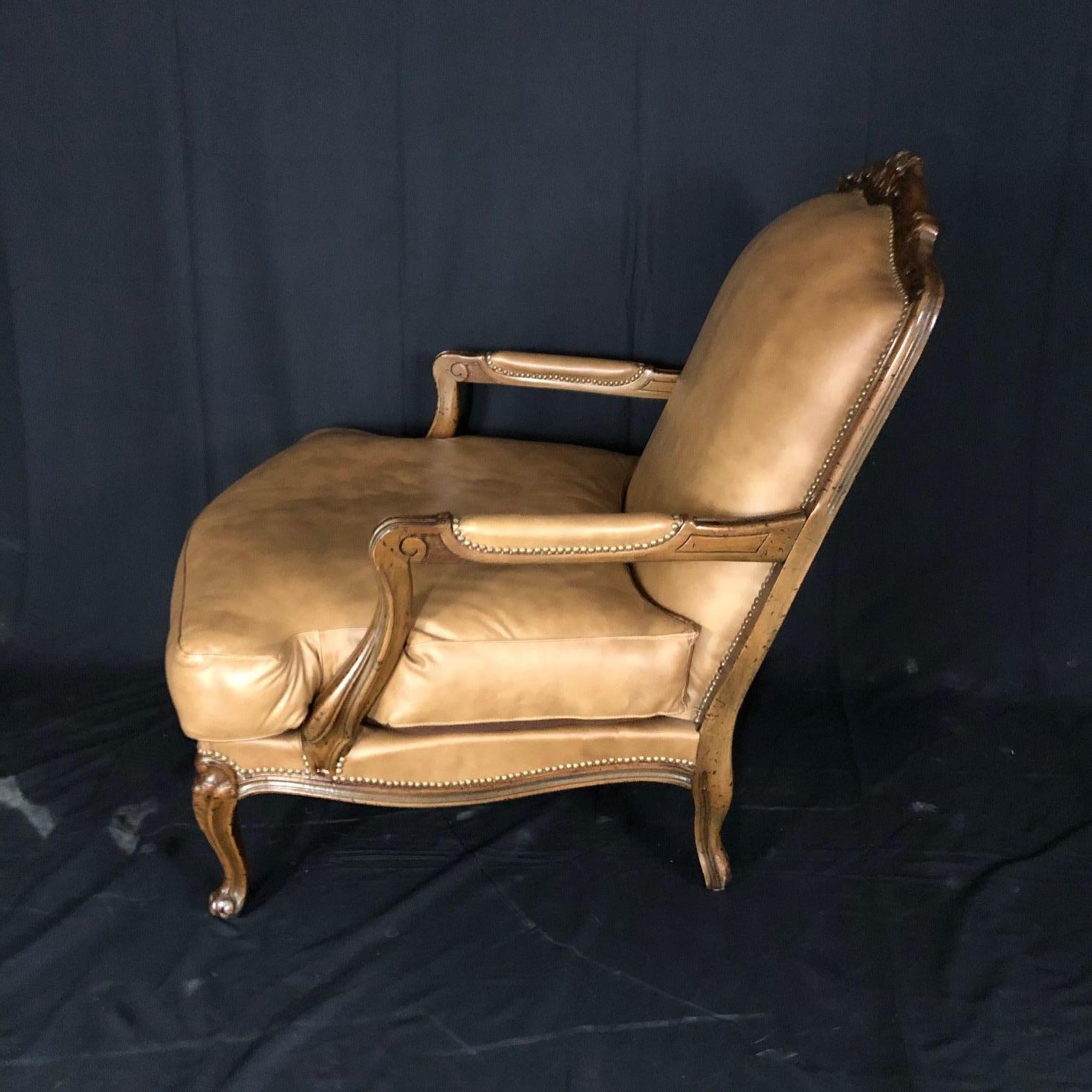 Mid-20th Century Buttery Leather Italian Louis XV Bergère and Matching Curved Ottoman