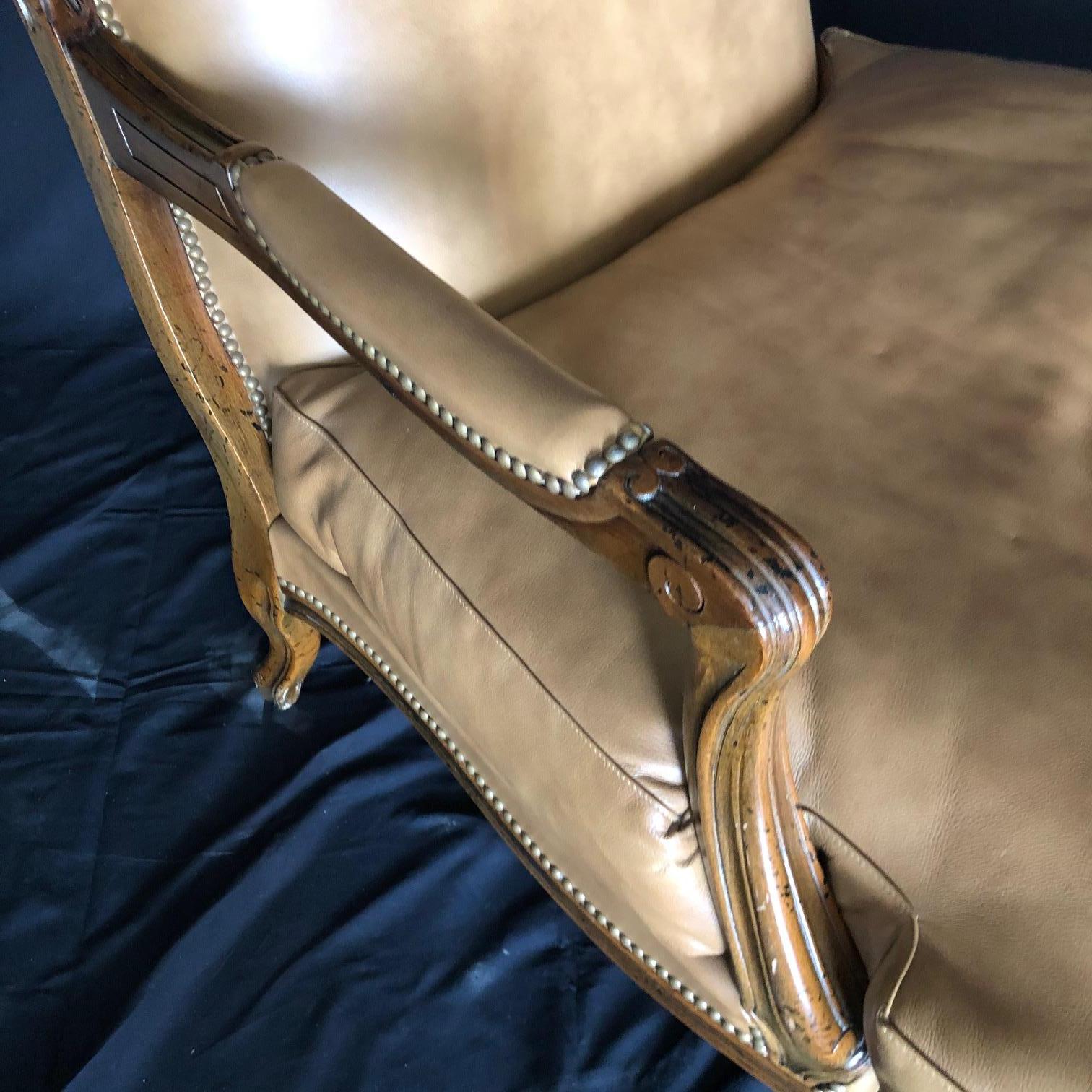 Buttery Leather Italian Louis XV Bergère and Matching Curved Ottoman 3