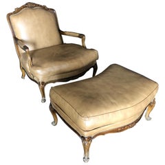 Buttery Leather Italian Louis XV Bergère and Matching Curved Ottoman