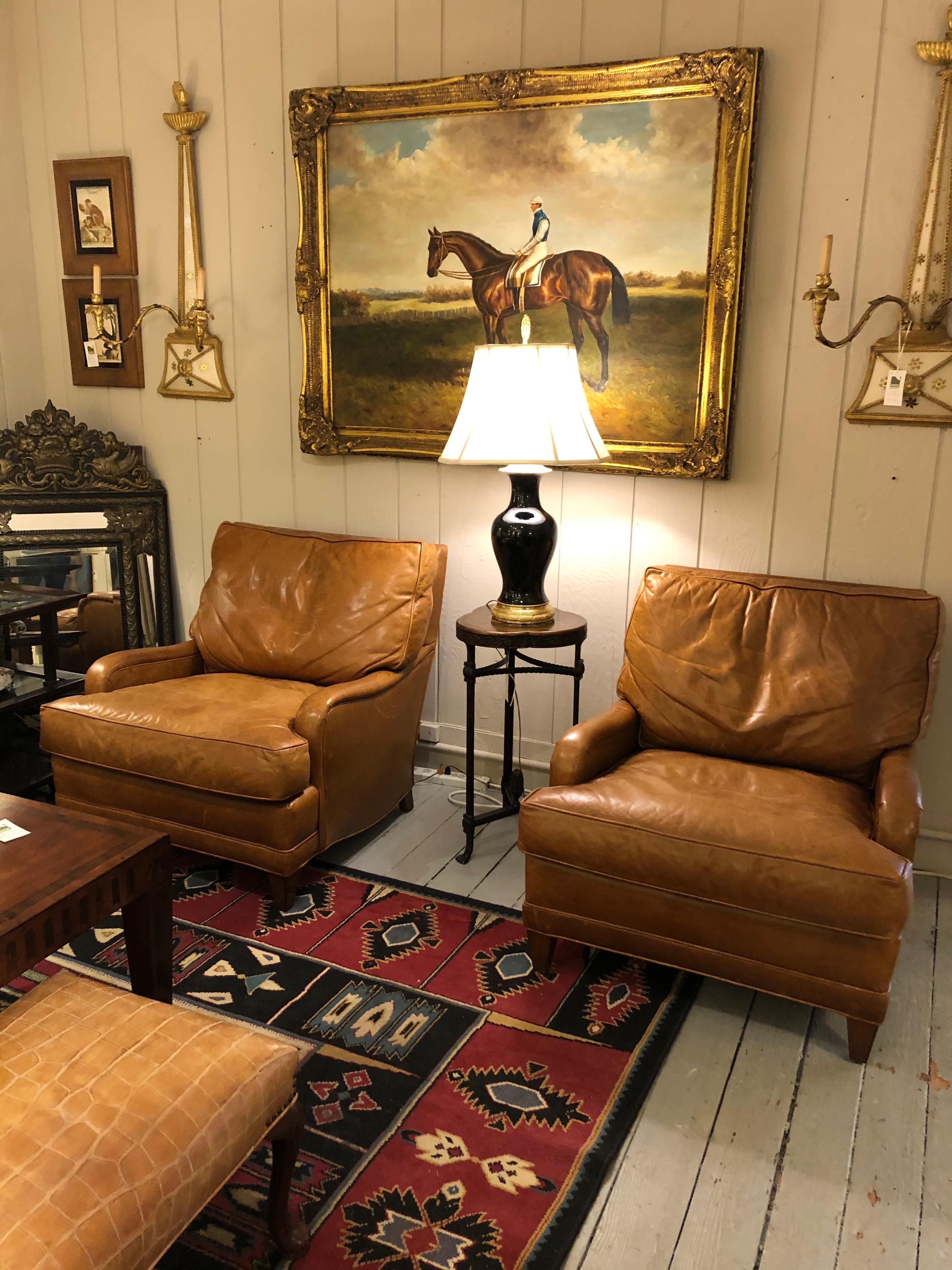 Buttery Pair of Caramel Leather Nancy Corzine Club Chairs 2