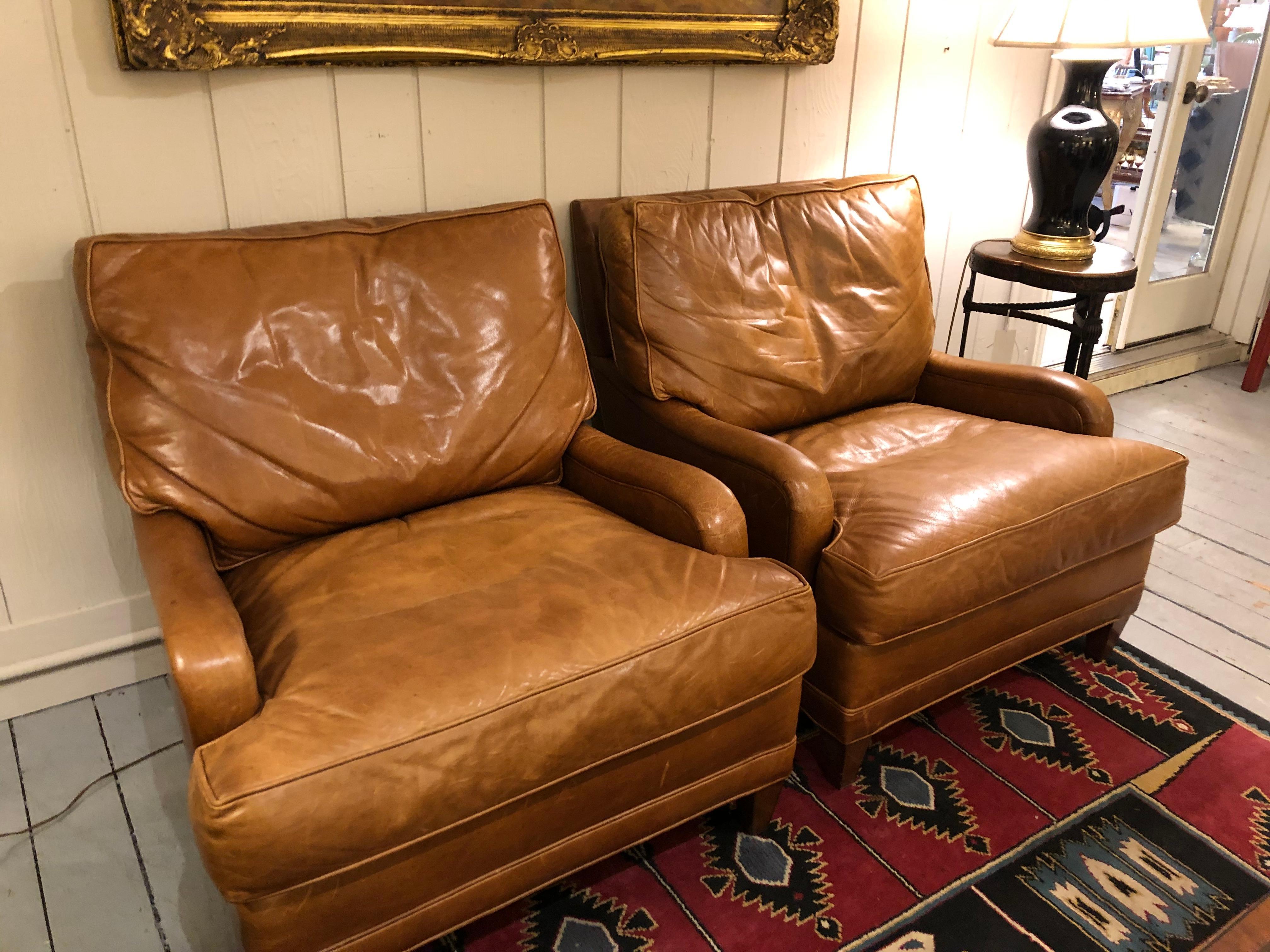 Buttery Pair of Caramel Leather Nancy Corzine Club Chairs In Good Condition In Hopewell, NJ