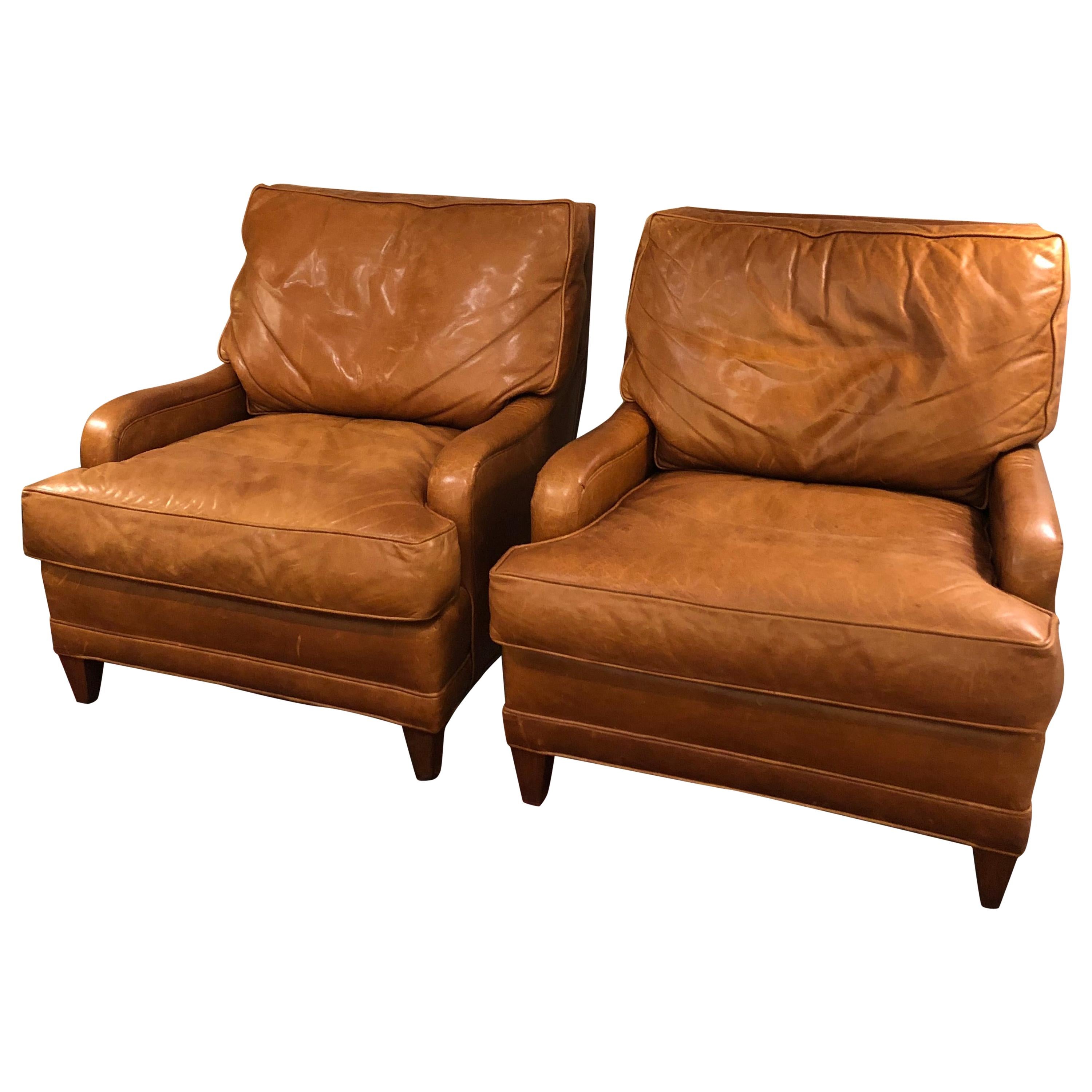 Buttery Pair of Caramel Leather Nancy Corzine Club Chairs