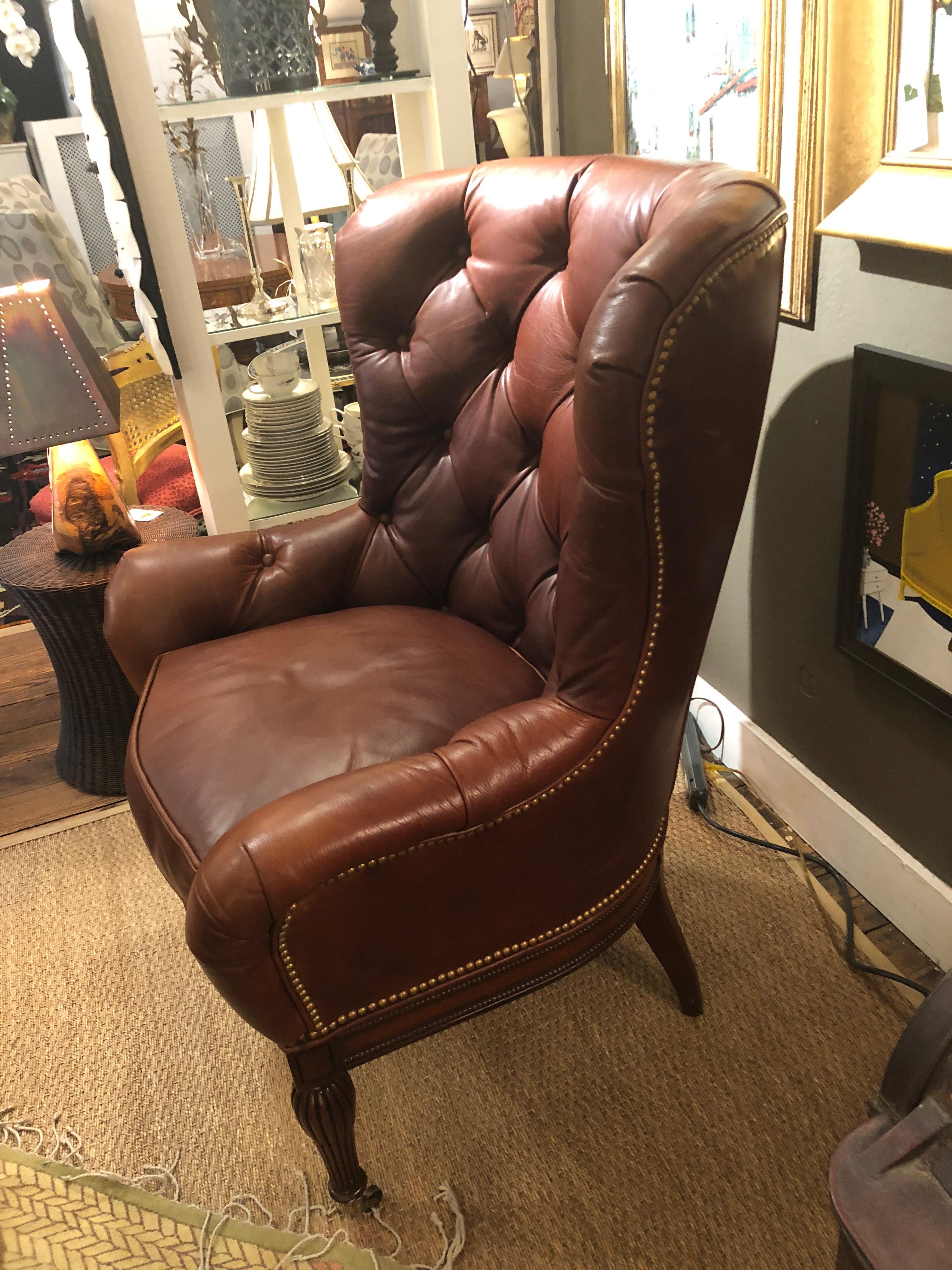 Chesterfield Buttery Tufted Leather Wing Chair with Nailheads