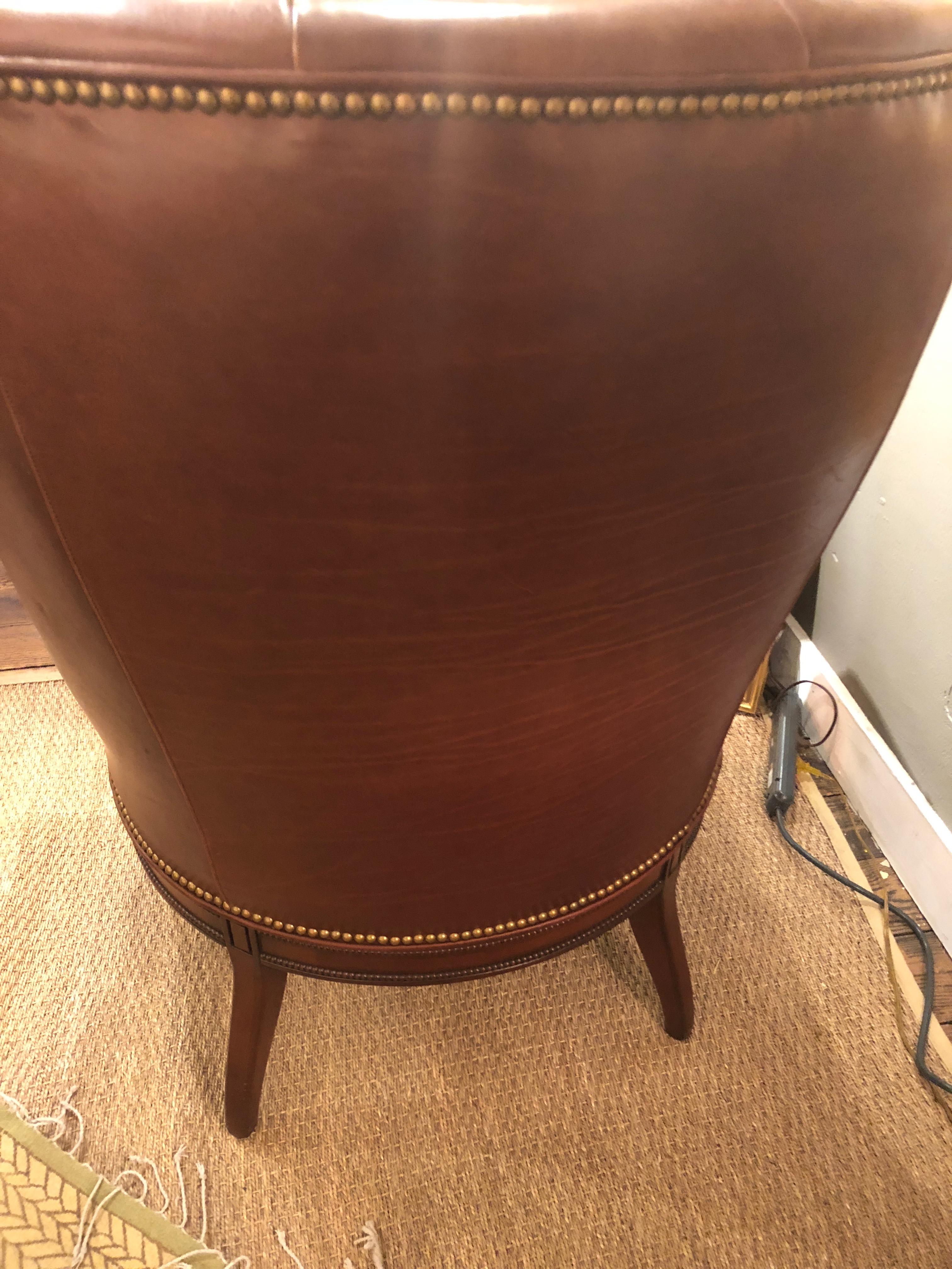 Buttery Tufted Leather Wing Chair with Nailheads In Excellent Condition In Hopewell, NJ