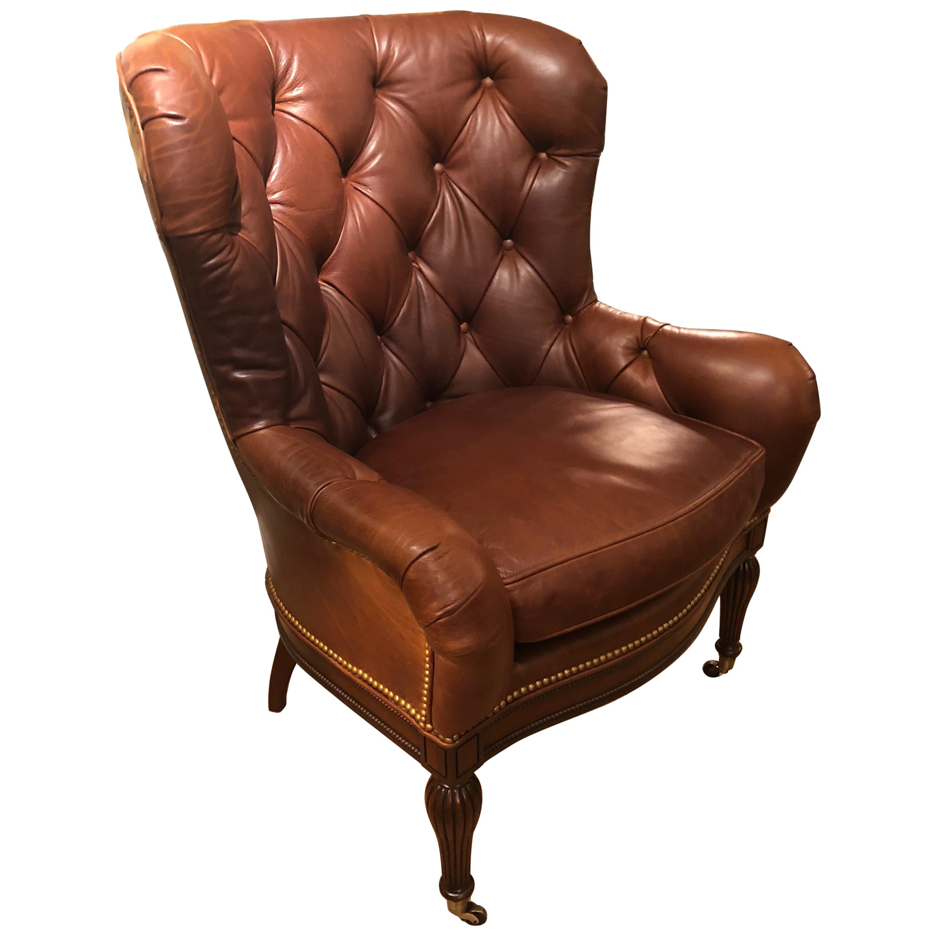 Buttery Tufted Leather Wing Chair with Nailheads
