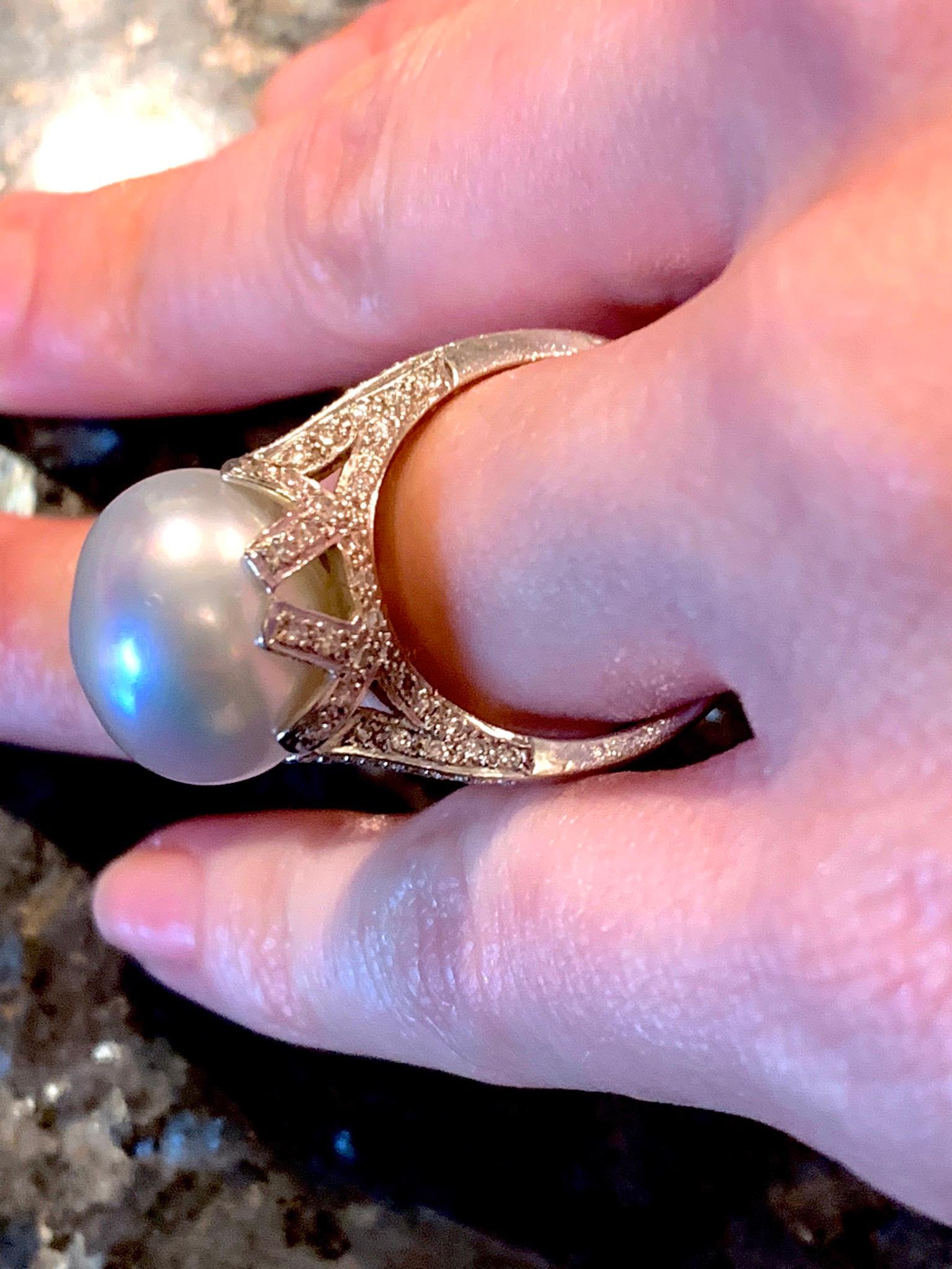 Round Cut GEMOLITHOS Button Australian Cultured Pearl and Diamond Ring For Sale