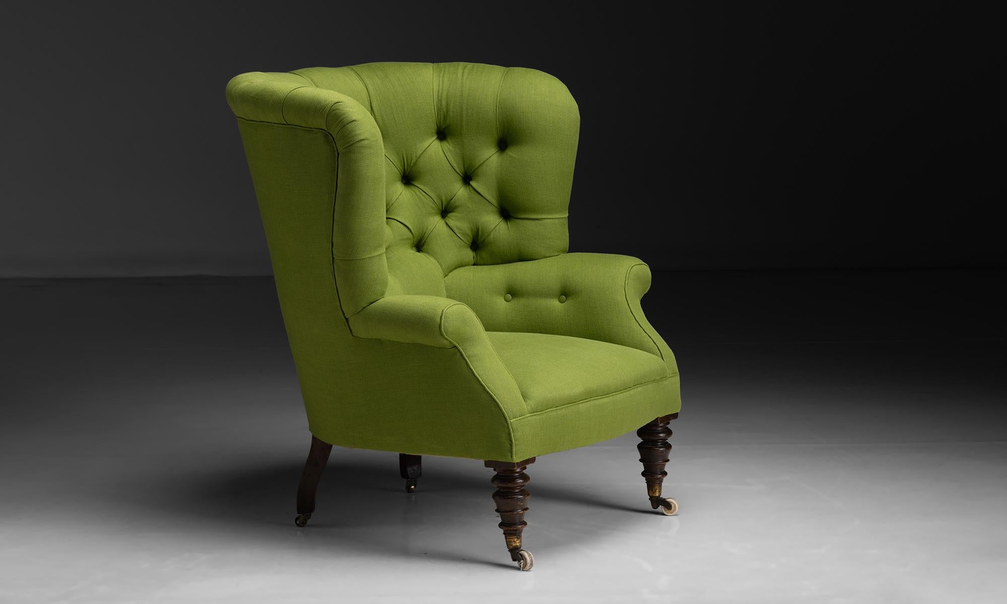 English Button Back Wing Chair, England circa 1860 For Sale
