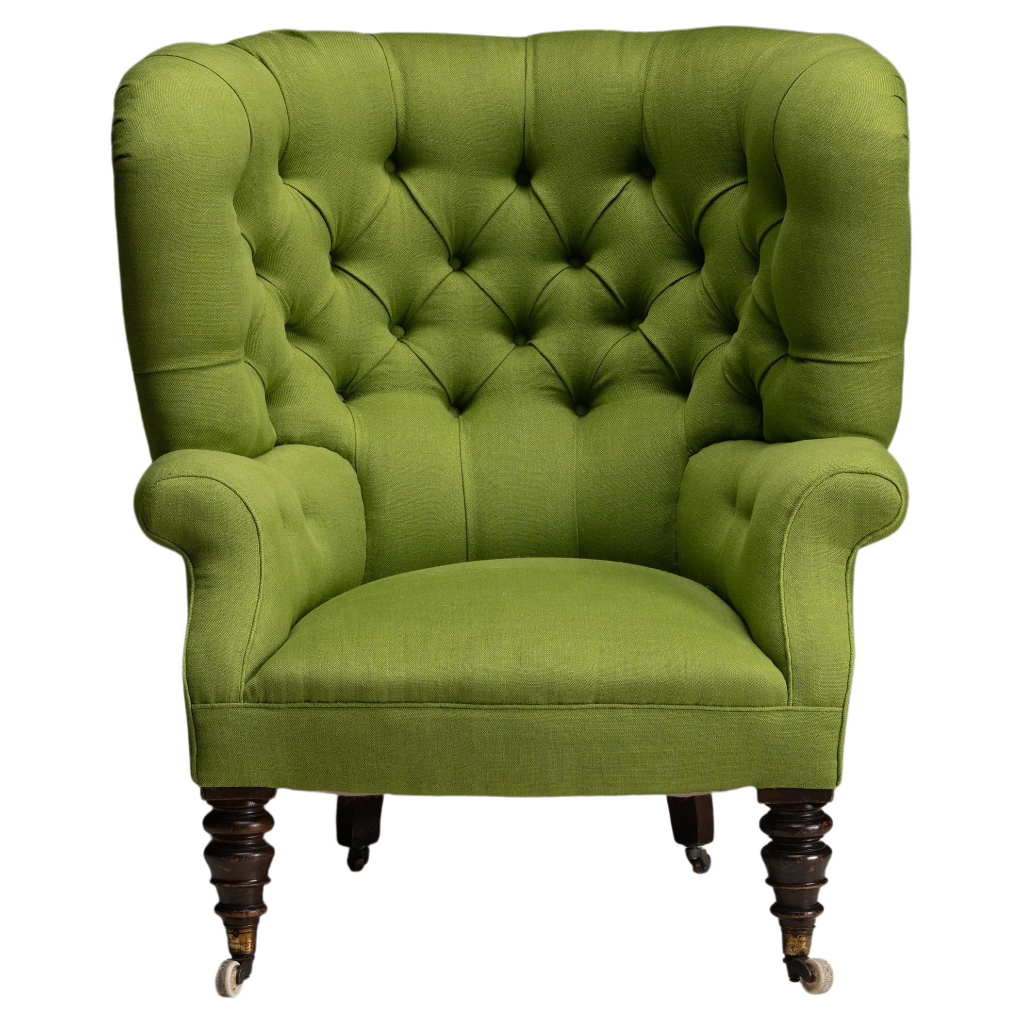 Button Back Wing Chair, England circa 1860 For Sale