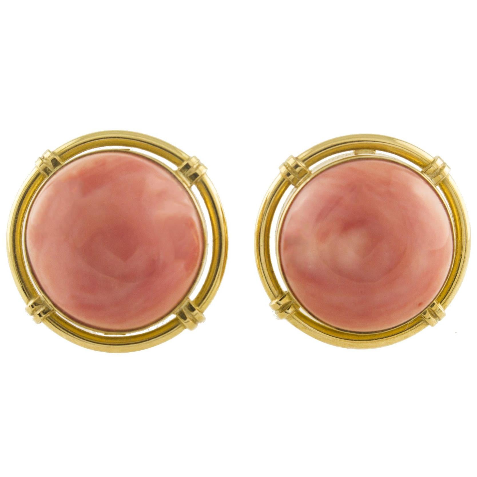 Orange/Pink Coral Buttons, 18K Yellow Gold Clip-on Earrings For Sale