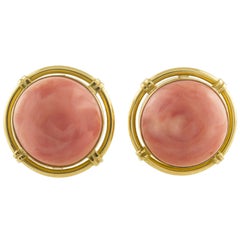 Vintage Orange/Pink Coral Buttons, 18K Yellow Gold Clip-on Earrings