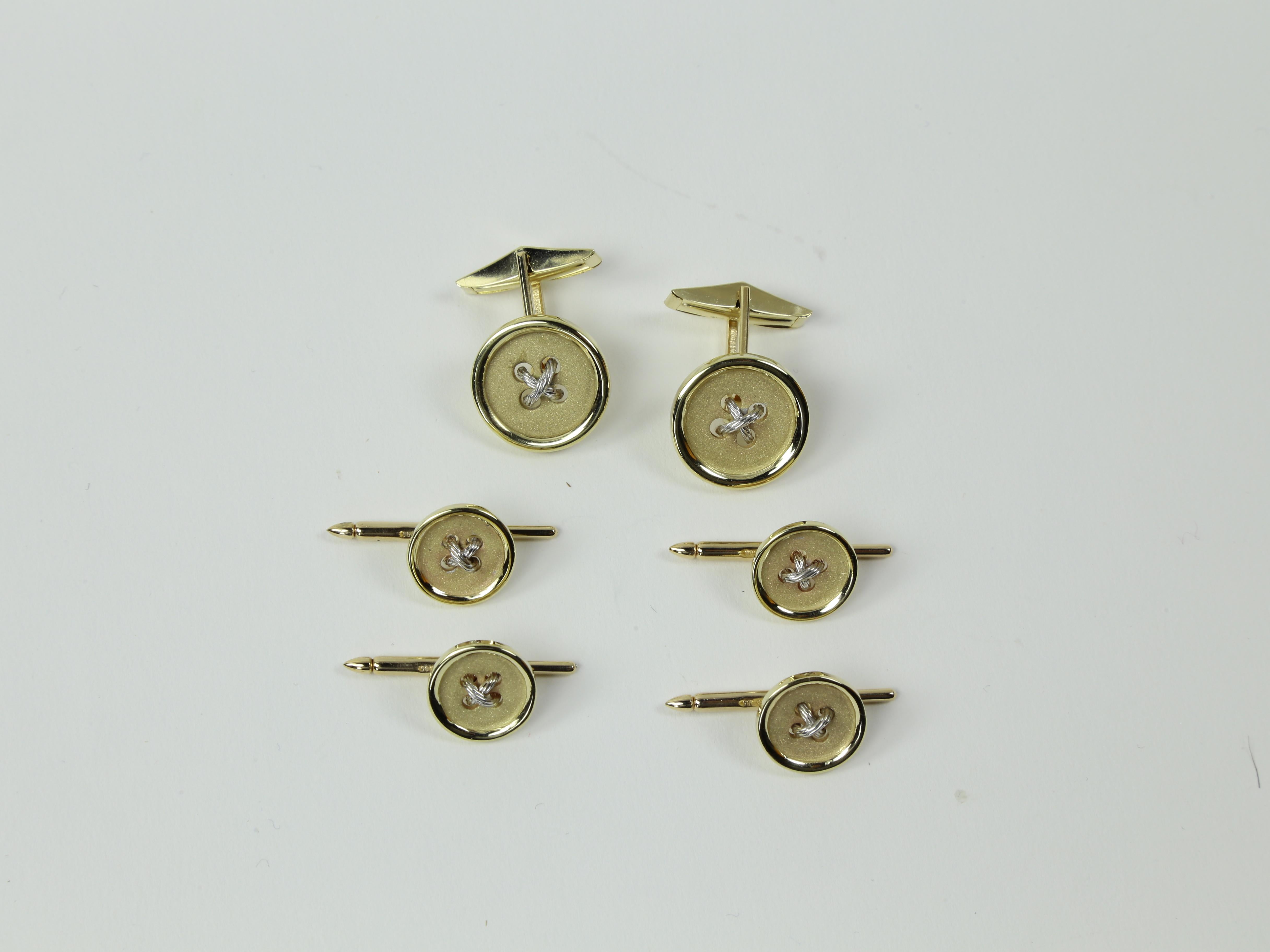Men's Button Cufflink and Matching Shirt Stud Gold Dress Set Estate Fine Jewelry For Sale