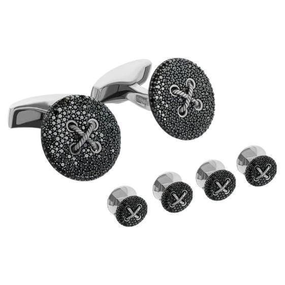 Button Cufflinks and Shirt Studs Set with Black Diamonds in Sterling Silver