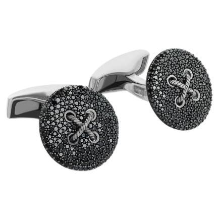 Button Pave Cufflinks with Black Diamond in Sterling Silver For Sale