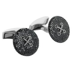 Button Pave Cufflinks with Black Diamond in Sterling Silver