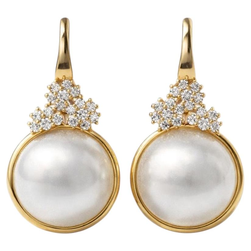 Button Pearl and Moissanite Drop Earrings silver, gold For Sale