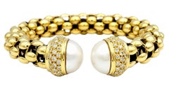 Chunky 18 Karat Yellow Gold Flex Cuff Bracelet with Button Pearl & Pavé Diamonds