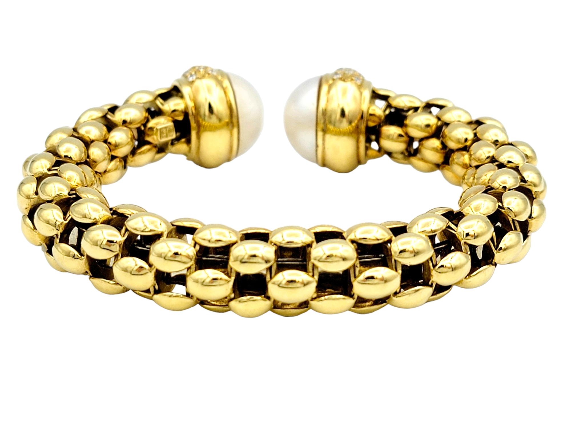 Round Cut Button Pearl and Pave Diamond Chunky Flex Cuff Bracelet in 18 Karat Yellow Gold For Sale