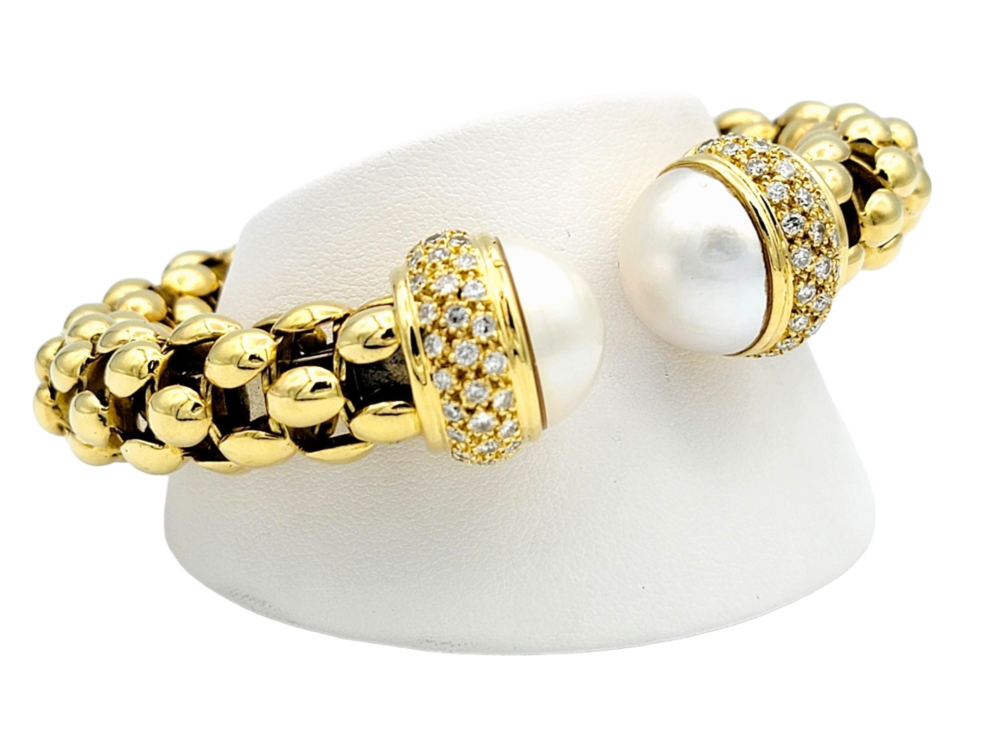 Button Pearl and Pave Diamond Chunky Flex Cuff Bracelet in 18 Karat Yellow Gold For Sale 1