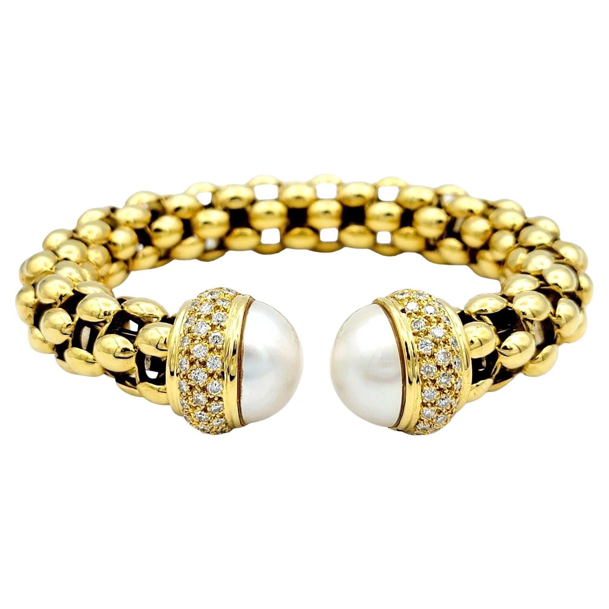 Button Pearl and Pave Diamond Chunky Flex Cuff Bracelet in 18 Karat Yellow Gold For Sale