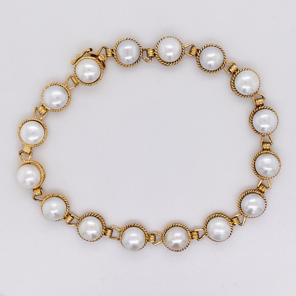 Revival Button Pearl Bracelet 14K Yellow Gold Rope Detail Links, 7 Inch by 7 mm For Sale