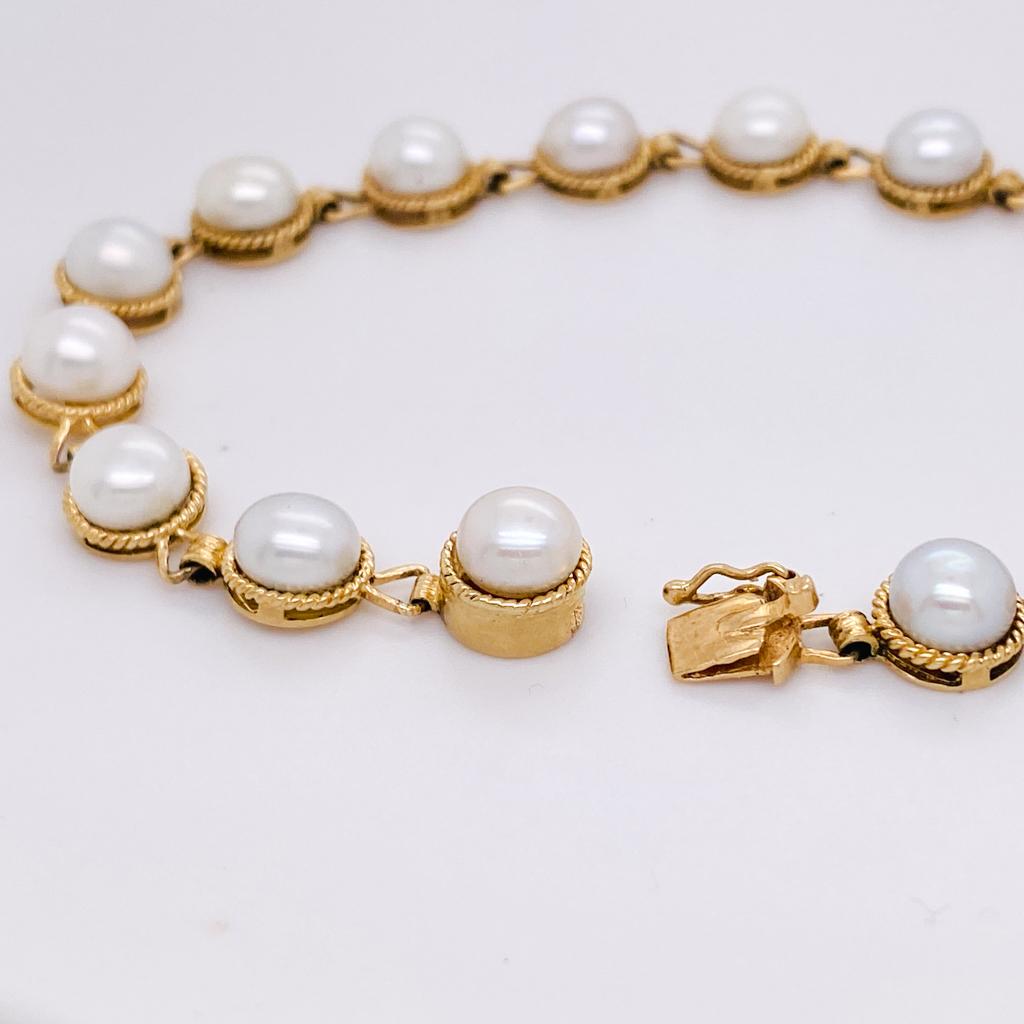 Women's Button Pearl Bracelet 14K Yellow Gold Rope Detail Links, 7 Inch by 7 mm For Sale