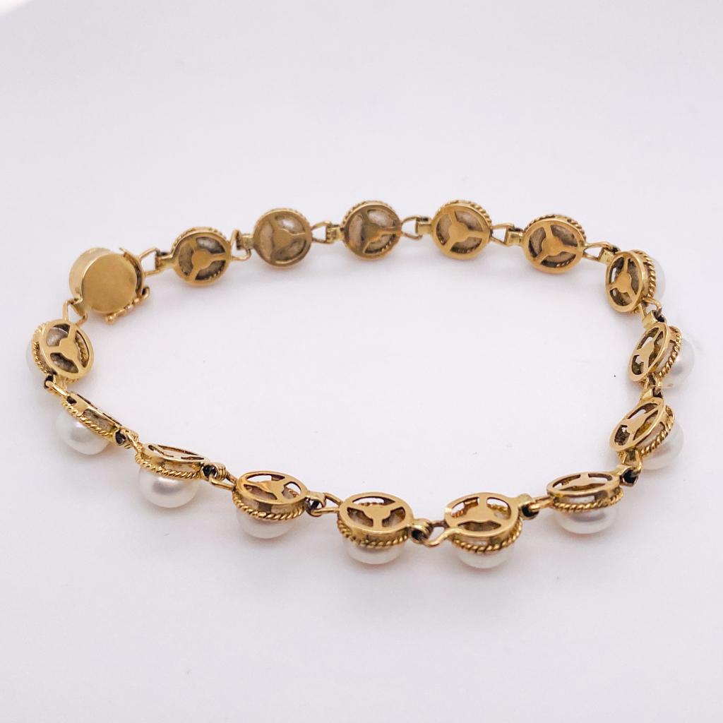 Button Pearl Bracelet 14K Yellow Gold Rope Detail Links, 7 Inch by 7 mm For Sale 1