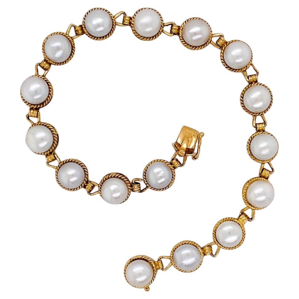 Button Pearl Bracelet 14K Yellow Gold Rope Detail Links, 7 Inch by 7 mm For Sale