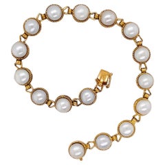 Vintage Button Pearl Bracelet 14K Yellow Gold Rope Detail Links, 7 Inch by 7 mm