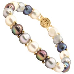 Button Pearl Bracelet with Black, White, Grey Pearls and 14 Karat Yellow Gold
