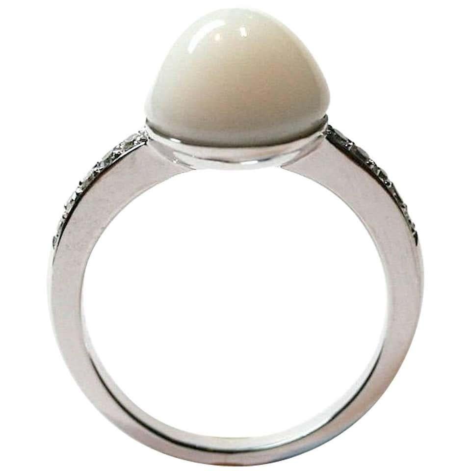 Contemporary Button Pearl Diamond Gold Ring For Sale