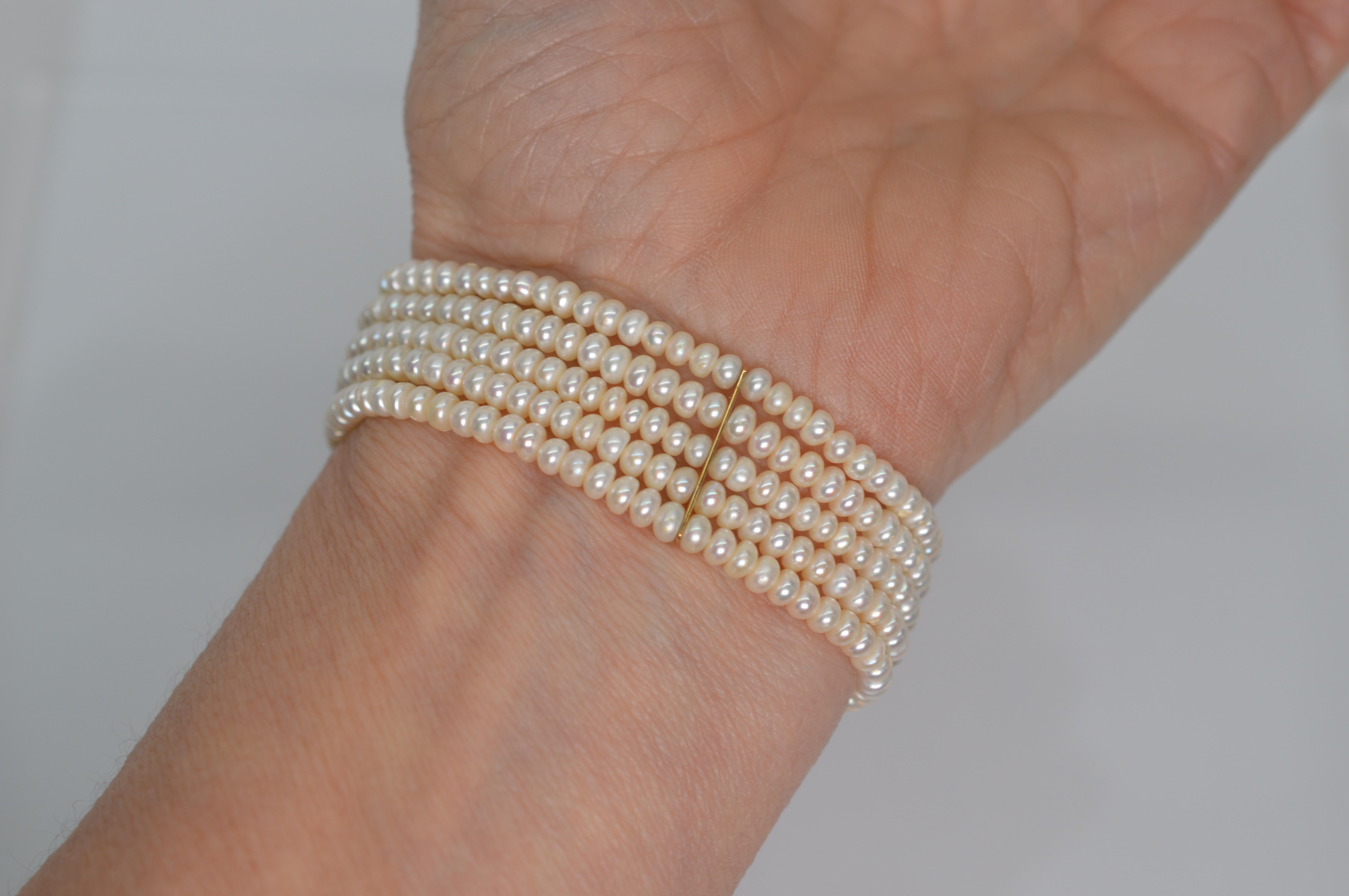 Button Pearl Multi Strand Bracelet with Gold Diamond Swirl Charm Clasp 4