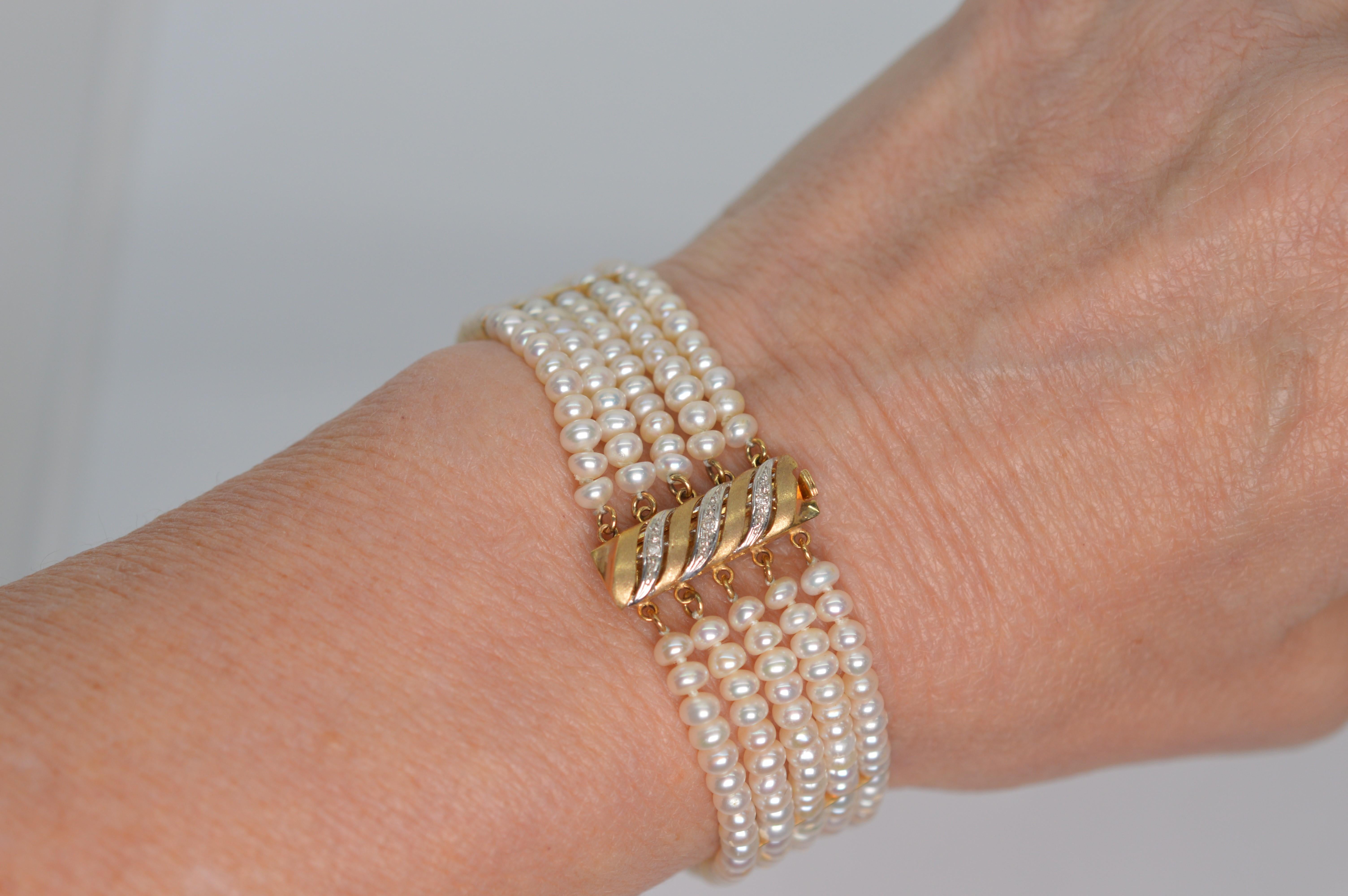 Button Pearl Multi Strand Bracelet with Gold Diamond Swirl Charm Clasp 5