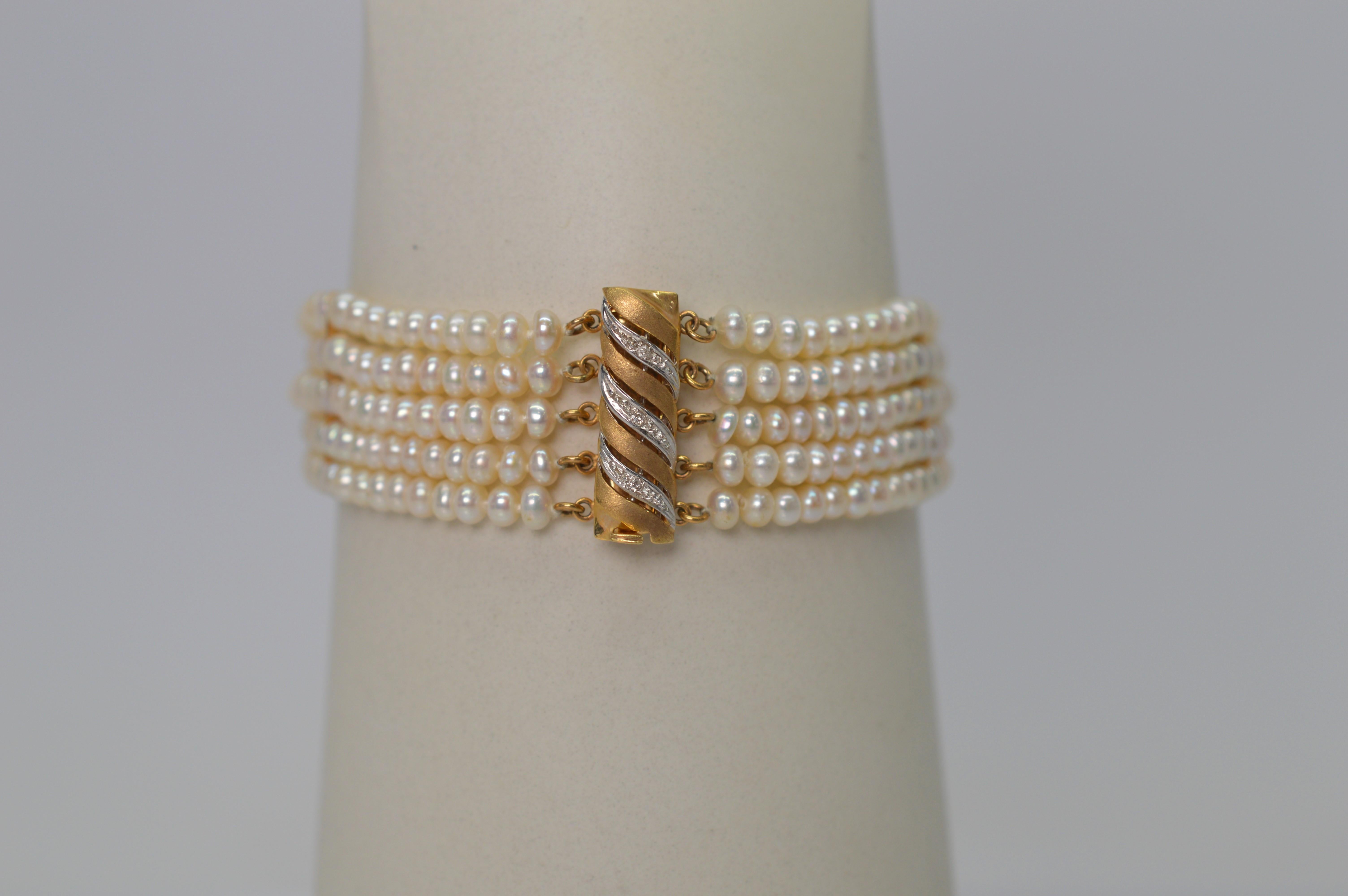 Button Pearl Multi Strand Bracelet with Gold Diamond Swirl Charm Clasp 6