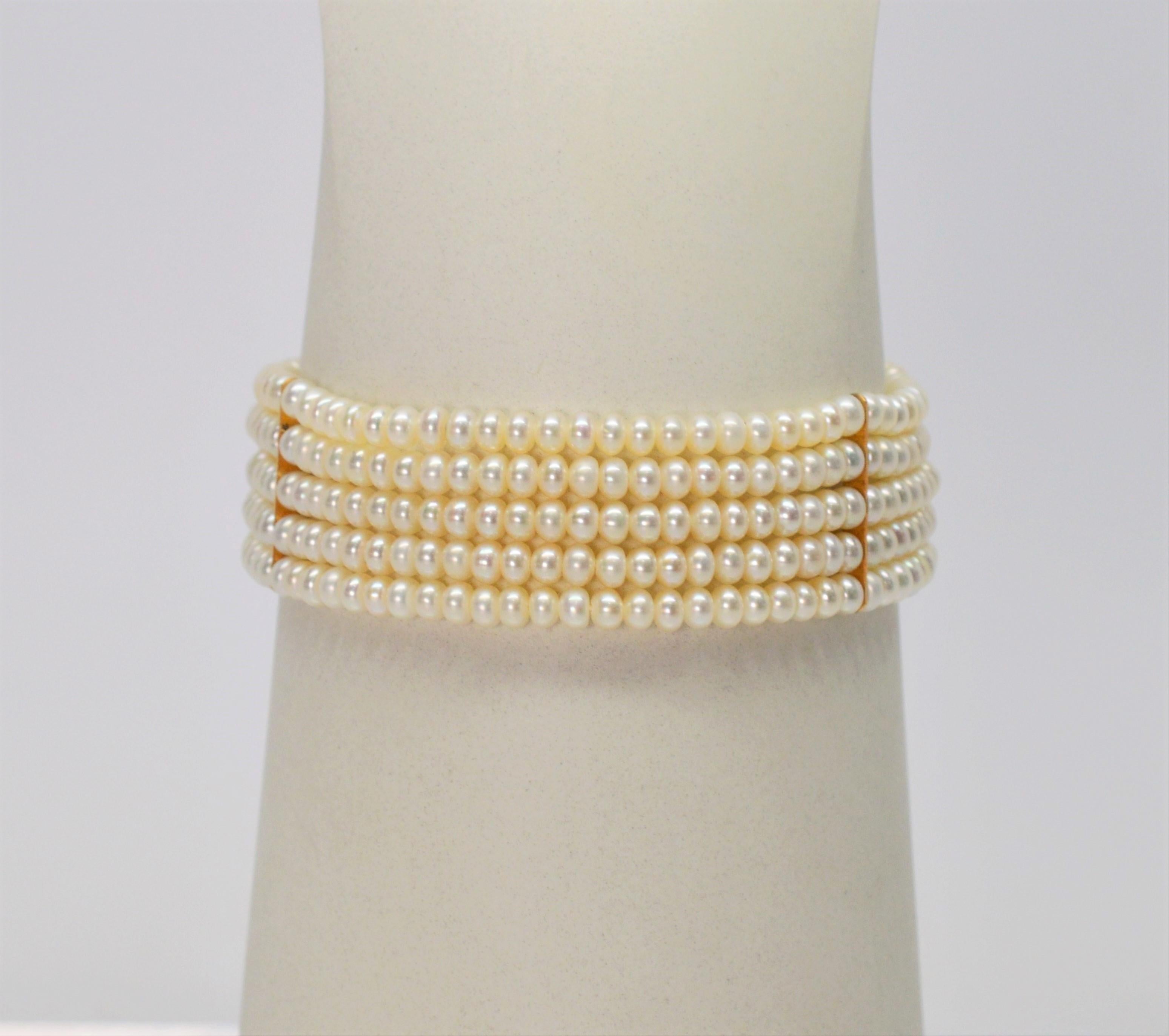 Button Pearl Multi Strand Bracelet with Gold Diamond Swirl Charm Clasp In New Condition In Mount Kisco, NY