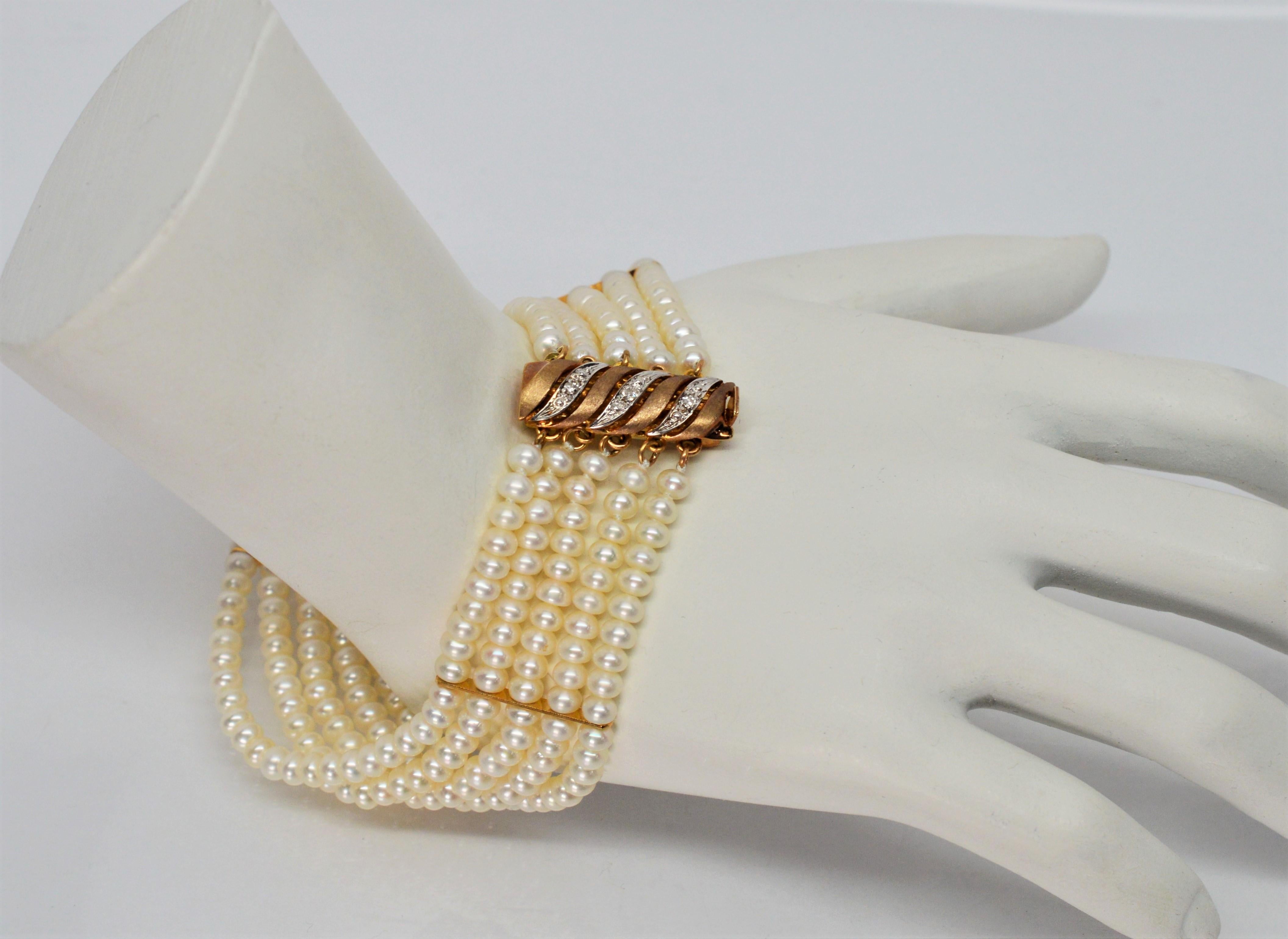 Women's Button Pearl Multi Strand Bracelet with Gold Diamond Swirl Charm Clasp