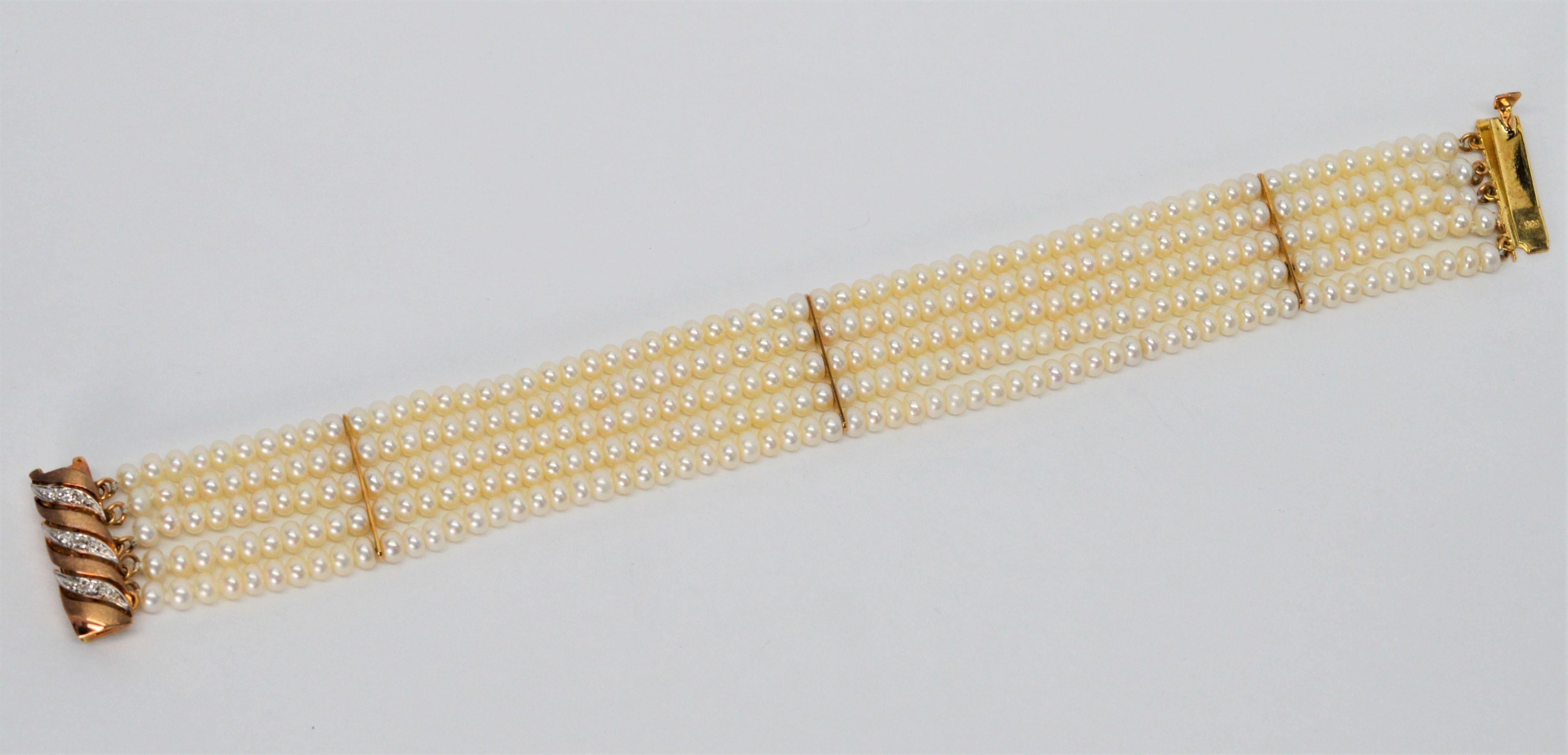 Button Pearl Multi Strand Bracelet with Gold Diamond Swirl Charm Clasp 1