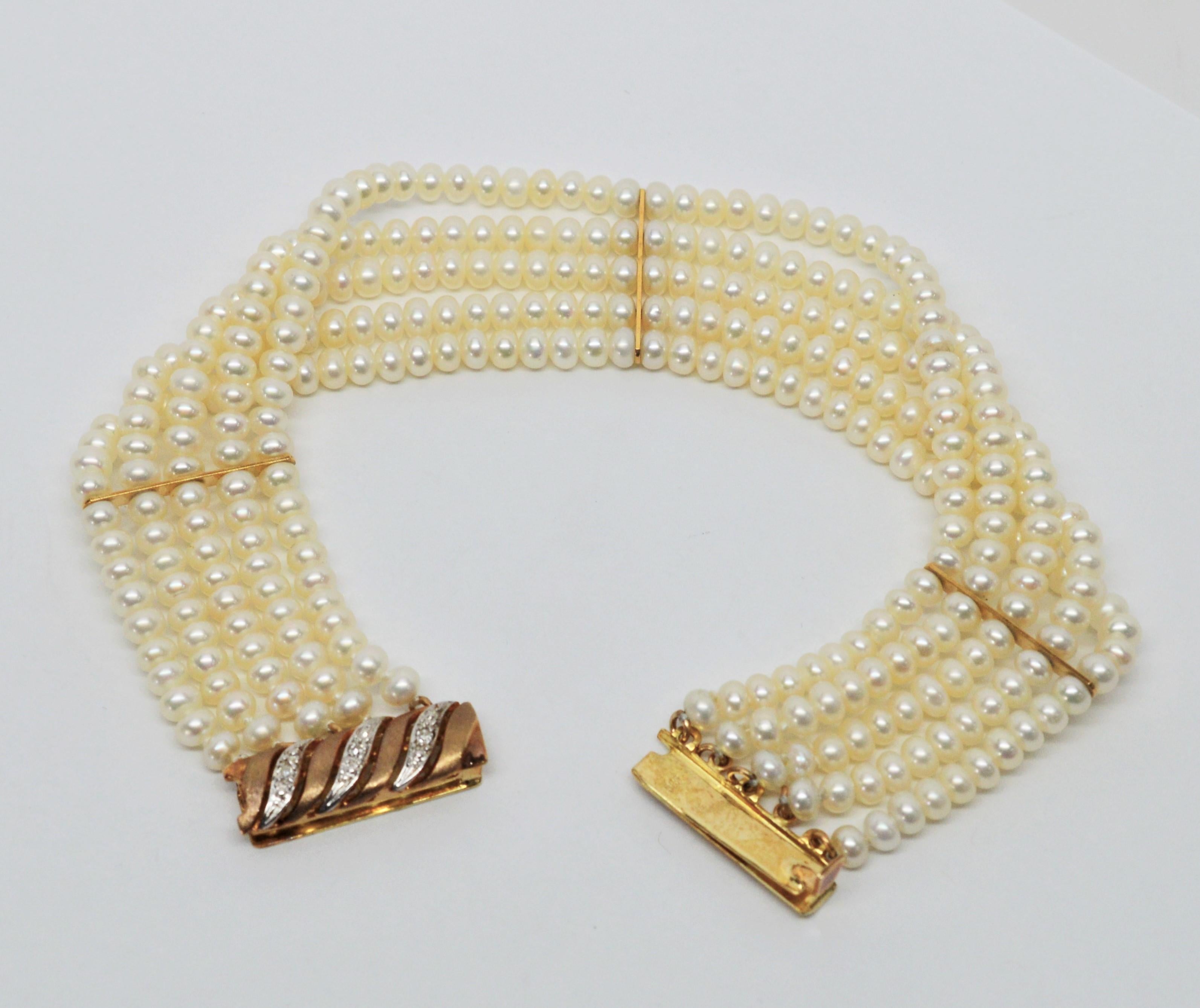 Button Pearl Multi Strand Bracelet with Gold Diamond Swirl Charm Clasp 2