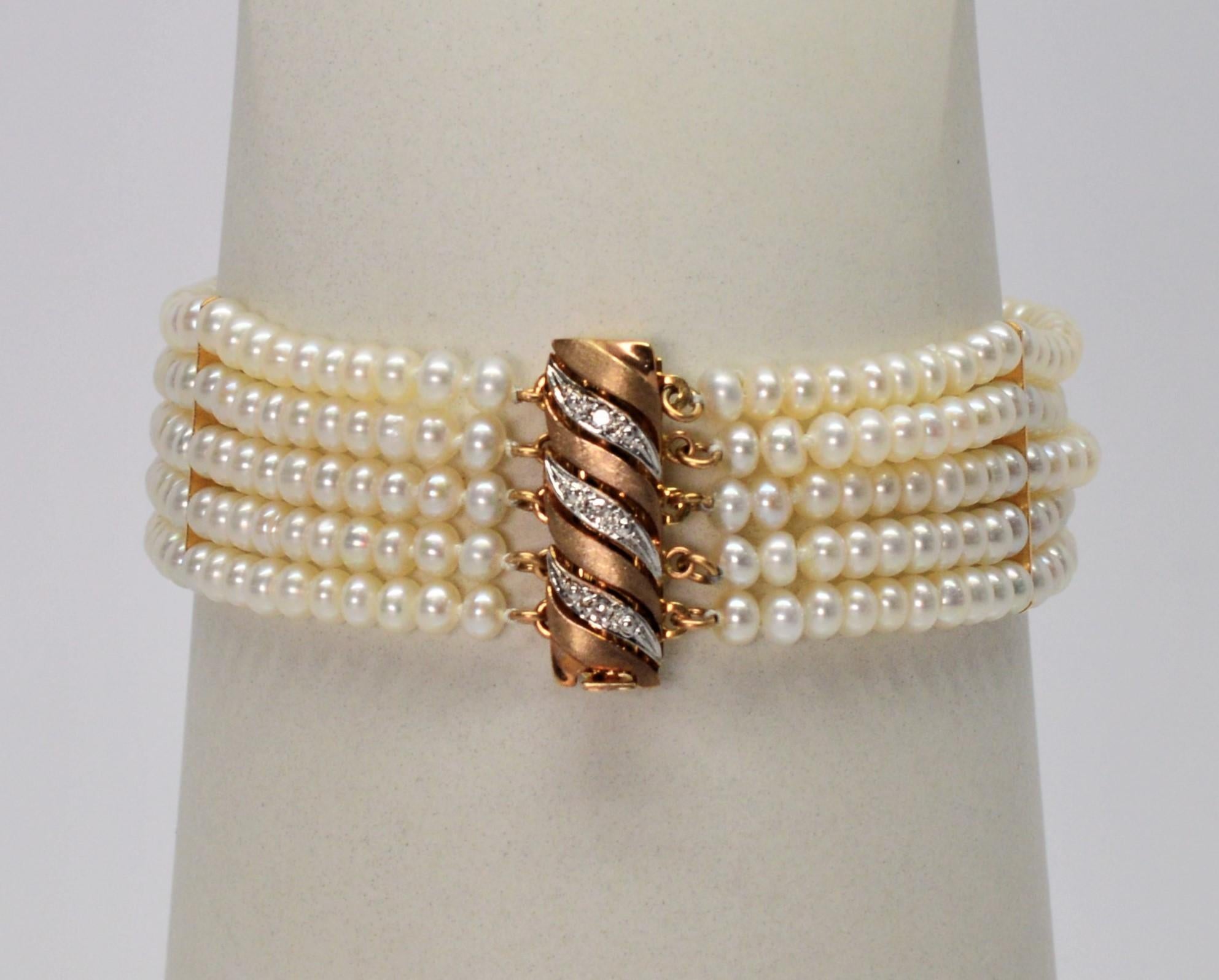 Button Pearl Multi Strand Bracelet with Gold Diamond Swirl Charm Clasp 3