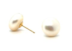 Button Pearl Stud Earrings 11mm 14K Yellow Gold