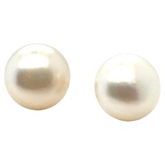 Button Pearl Stud Earrings 11mm 14K Yellow Gold
