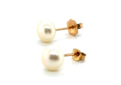 Button Pearl Stud Earrings 6.5mm Yellow Gold
